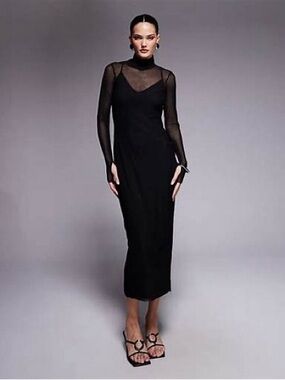 AFRM Shailene high neck mesh midi dress in black stretch club sexy sz sm